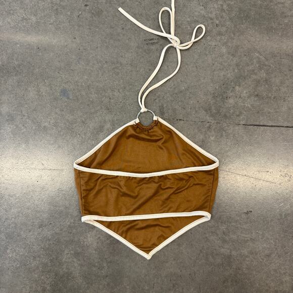 Vintage Y2K Suede Brown Cream Halter Tie Tank Top Small - Picture 2 of 4